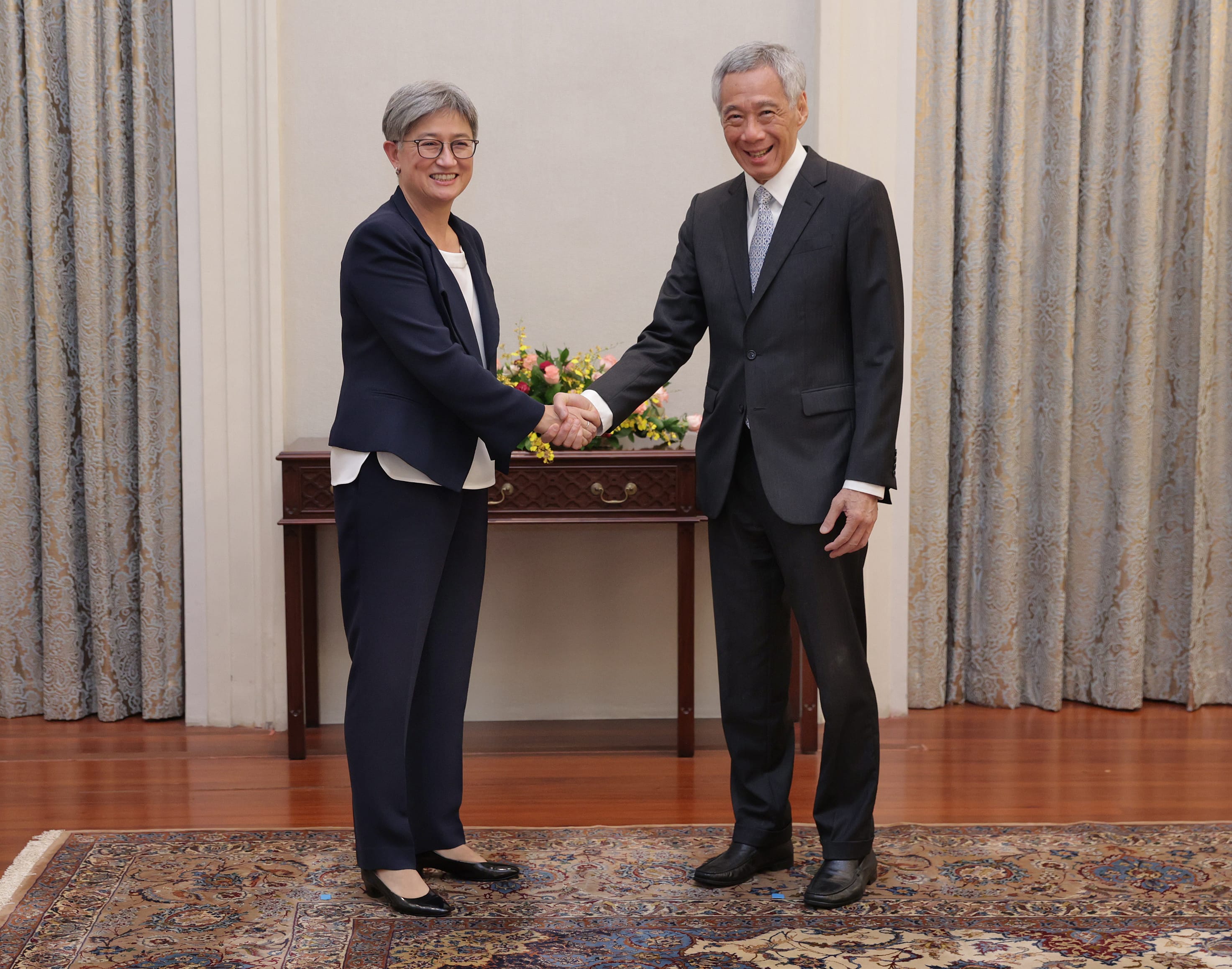 People at a meeting table with Singapore, Austria, and EU flags behind them.